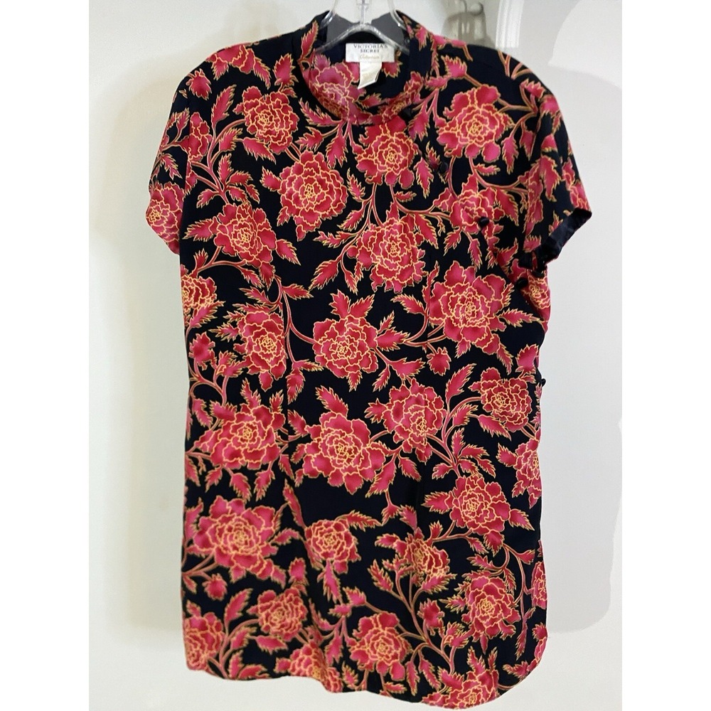 VTG VICTORIA'S SECRET Black Red Pink Asian Style‎ Tunic Top L Mandarin Collar